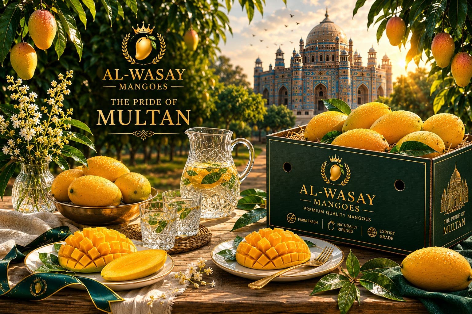 Al-Wasay premium Multani mango gift box with fresh mango platters and juice